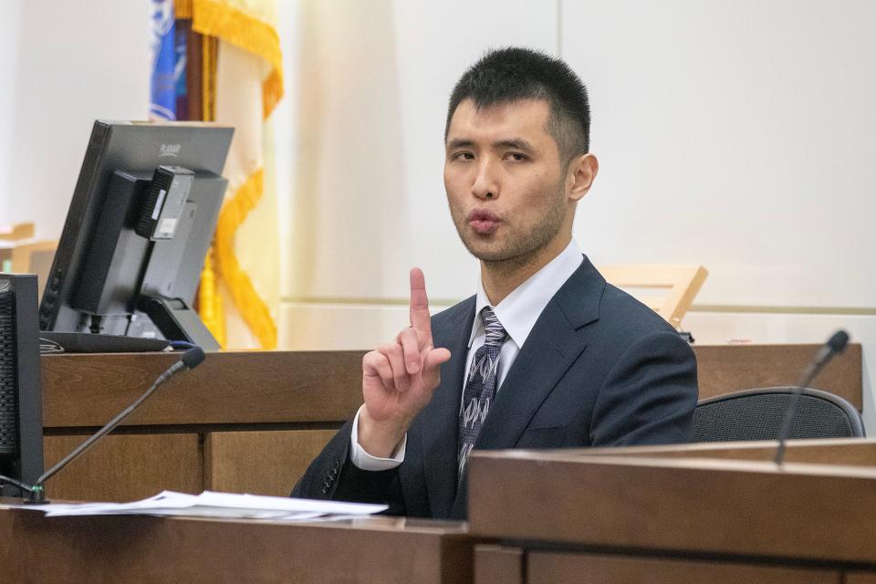 Terry Kuo testifies on his behalf in defense of charges he sexually assaulted a tennis student when she was 12 and 13 before Superior Court Judge Jill O'Malley at Monmouth County Courthouse in Freehold, NJ Wednesday, July 26, 2023.