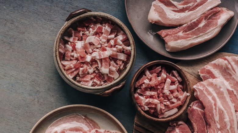 pancetta on countertop cut up in different ways