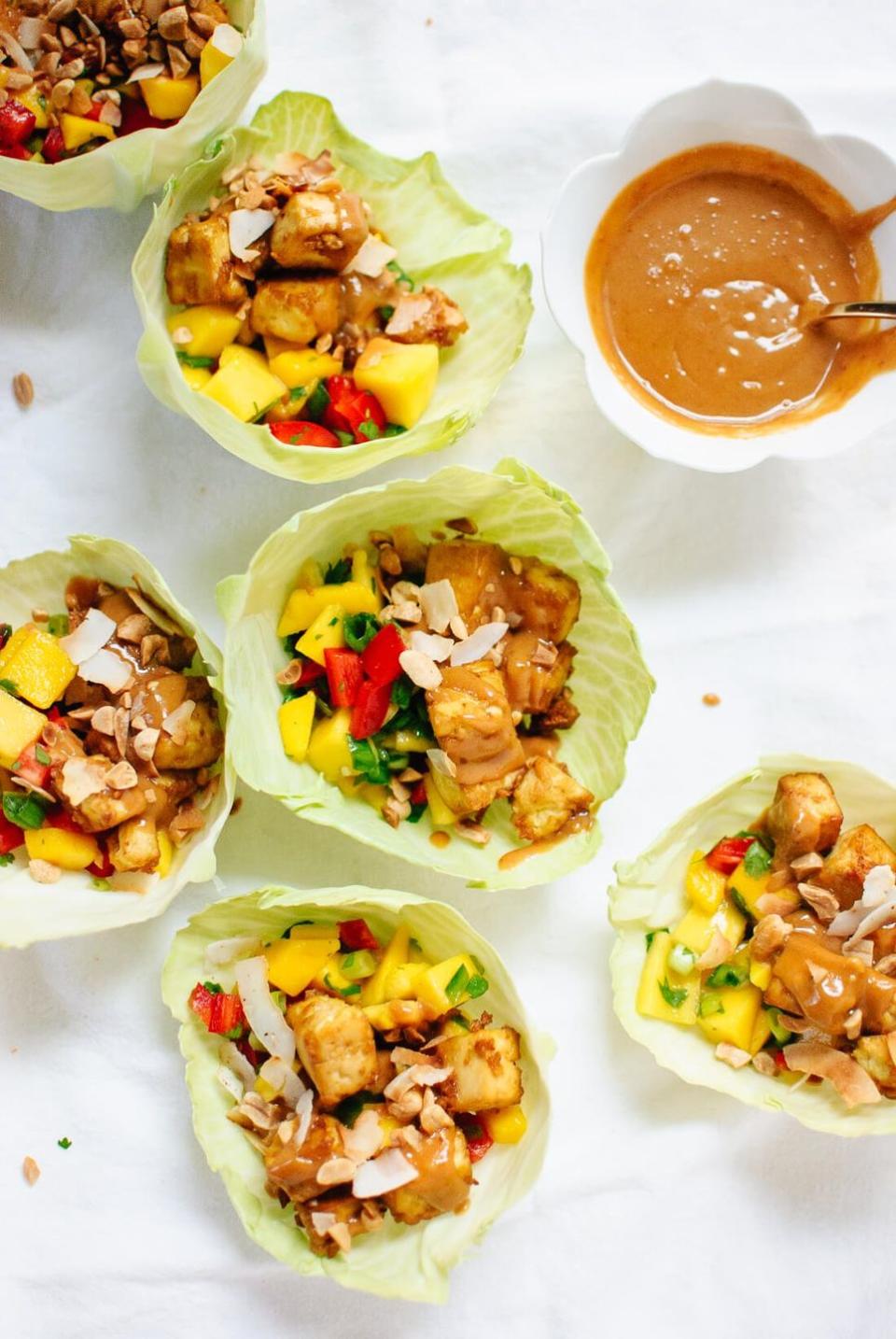 Thai Cabbage Mango Wraps With Crispy Tofu And Peanut Sauce