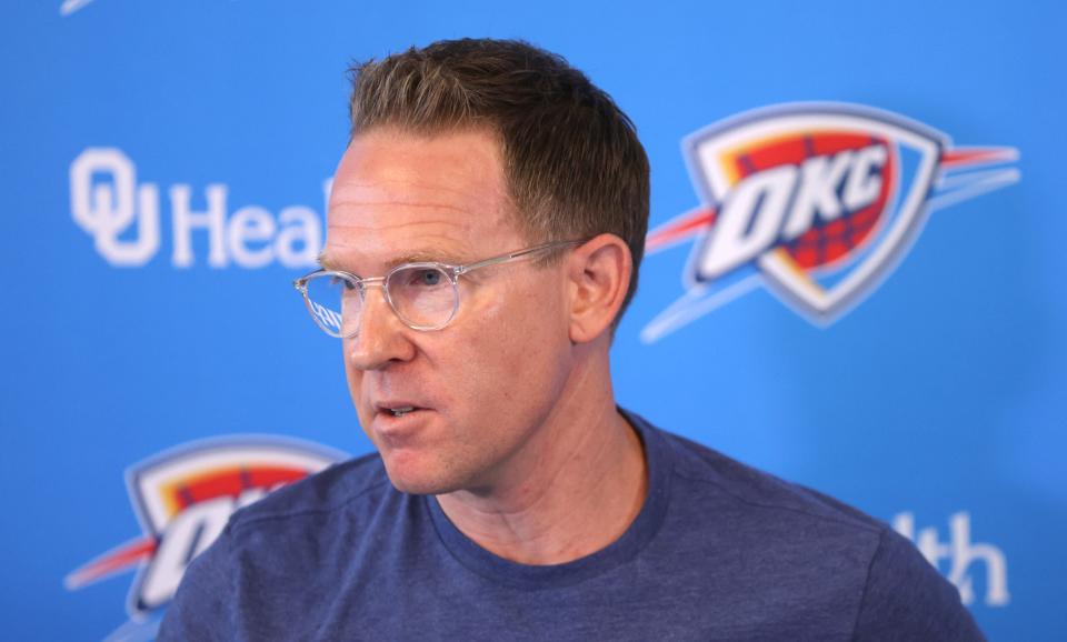 Oklahoma City Thunder general manager Sam Presti speaks to the media during a press conference in Oklahoma City, Wednesday, Sept. 27, 2023.