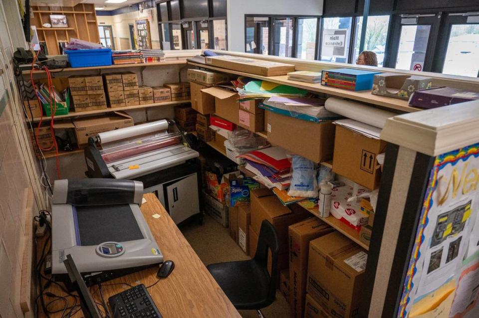 A cubicle built into the middle of a hallway is seen at Eugene Ware Elementary School on Tuesday, April 16, 2024, in Kansas City, Kansas.