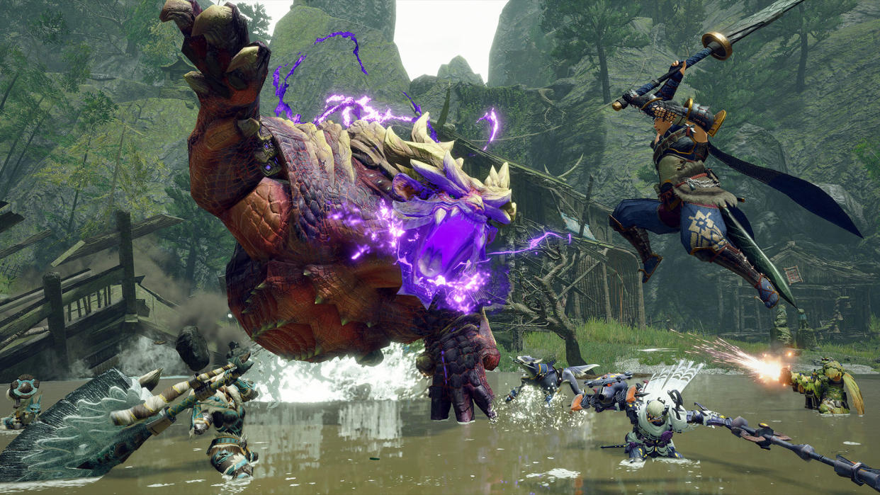 A player character in Monster Hunter Rise attacking a monster