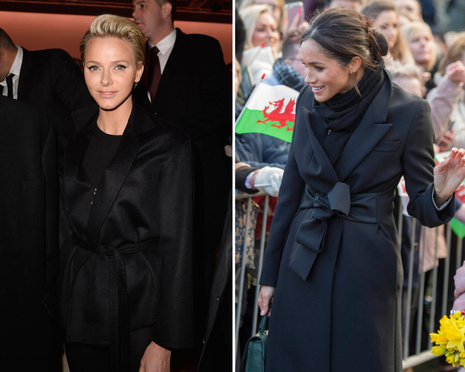 Charlène von Monaco (l.) in einem schwarzen Mantel 2014. Meghan Markle in einem ähnlichen Mantel in Cardiff im Januar 2018. (Bild: AP Photo/Star Max 2, Pascal Le Segretain/Getty Images)