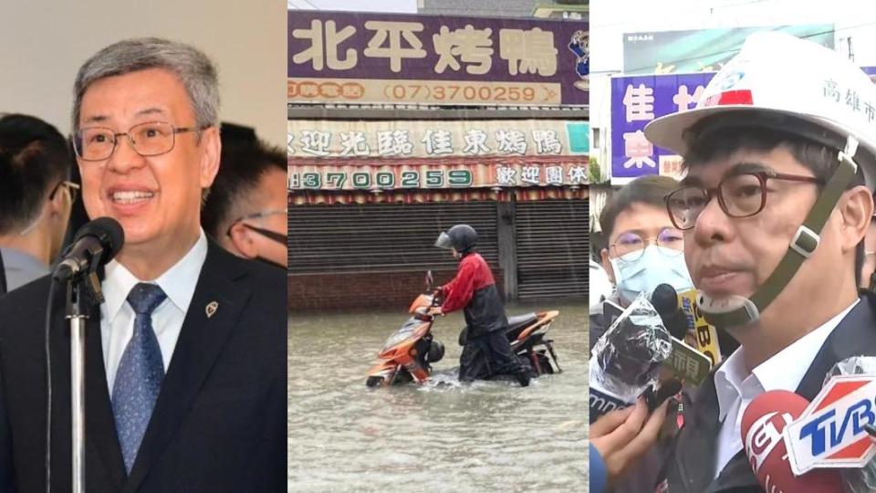 高雄淹大水，陳冠安酸陳建仁「無法再說陳其邁超前部署」。（圖／政院、民眾提供、TVBS）