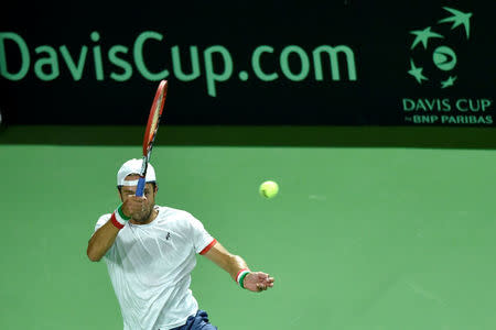 Belgium Tennis - Belgium v Italy - Davis Cup Quarterfinals World Group - Spiroudome, Charleroi, Belgium - 9/4/17. Italy's Paolo Lorenzi in action during his singles match against Belgium's David Goffin. REUTERS/Eric Vidal