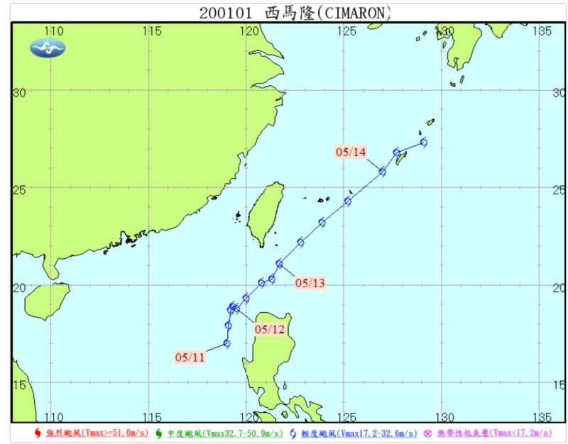 ▲2001年西馬隆颱風移至巴士海峽後，「轉向東北」加速通過台灣東南部海面朝琉球方向移動。（圖／中央氣象局提供）