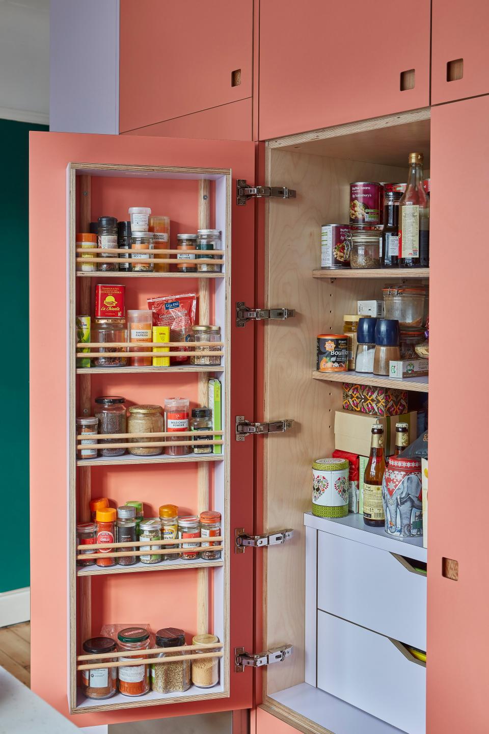 Spices fit brilliantly in the pantry door.