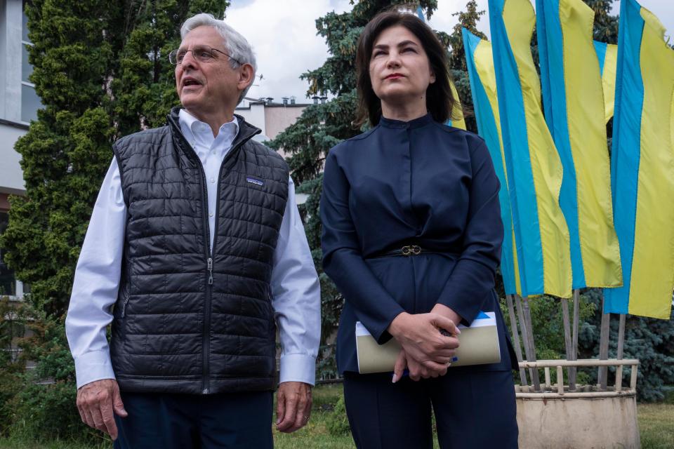 US Attorney General Merrick Garland and Ukrainian Prosecutor General Iryna Venediktova meet in Krakovets, at the Ukraine border with Poland, on June 21, 2022.