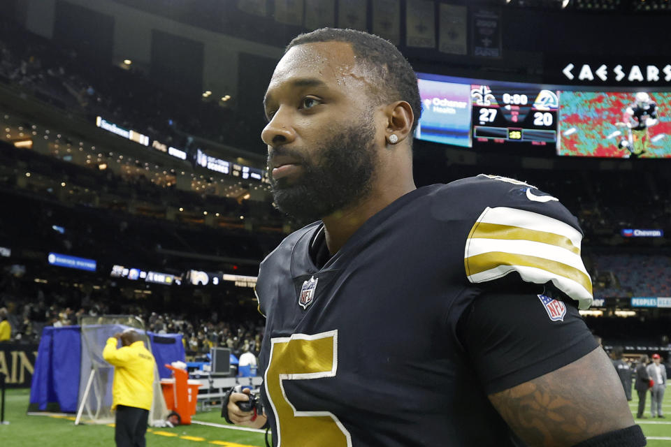 FILE - New Orleans Saints wide receiver Jarvis Landry (5) leaves the field after an NFL football game against the Los Angeles Rams, Sunday, Nov. 20, 2022, in New Orleans. Five-time Pro Bowl receiver Jarvis Landry is trying to get back in the league after sitting out last season. The 31-year-old Landry will take part in Jacksonville’s rookie minicamp May 10-11, a chance to prove he’s fully healthy following a nagging ankle injury in 2022. (AP Photo/Tyler Kaufman, File)