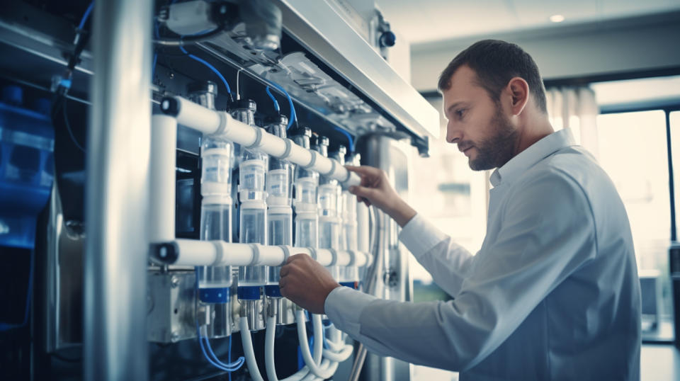 A technician placing a water filter onto a modern machine for purification purposes.