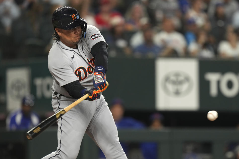 Detroit Tigers designated hitter Miguel Cabrera hits a single scoring Javier Baez during the second inning of a baseball game against the Texas Rangers in Arlington, Texas, Tuesday, June 27, 2023. (AP Photo/LM Otero)