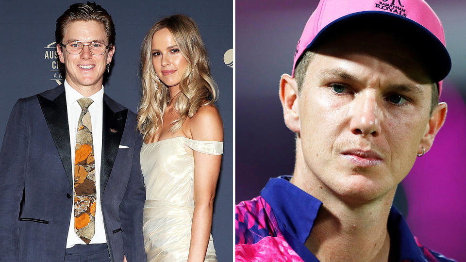 Adam Zampa, pictured here with wife Harriet and in the IPL.