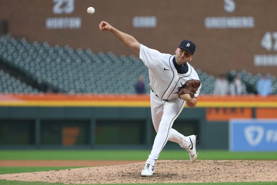 Alex Lange of the Detroit Tigers throws a ninth-inning pitch against the Kansas City Royals at Comerica Park on September 28, 2023 in Detroit, Michigan.
