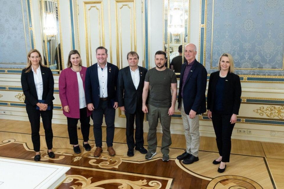 U.S. Reps. Mikie Sherrill, D-New Jersey; Elissa Slotkin, D-Michigan; Michael Waltz, R-Florida; Mike Quigley, D-Illinois and Adam Smith, D-Washington, meet with Ukraine President Volodymyr Zelenskyy on July 23.