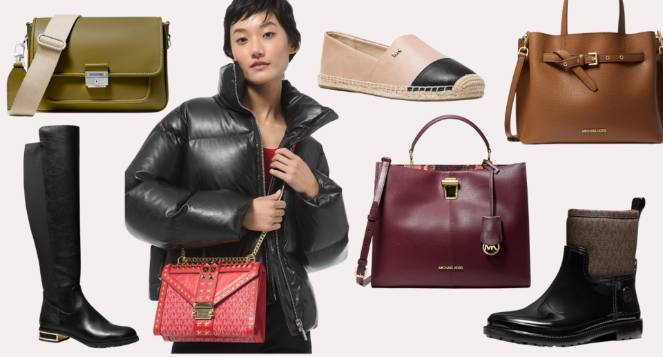 michael kors black leather boots, green bag, faux leather puffer jacket, michael kors espadrille, red satchel, brown leather bag, waterproof black boot