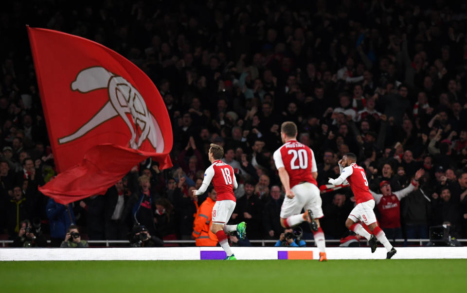 <p>Soccer Football – Europa League Semi Final First Leg – Arsenal vs Atletico Madrid – Emirates Stadium, London, Britain – April 26, 2018 Arsenal’s Alexandre Lacazette celebrates scoring their first goal with team mates REUTERS/Dylan Martinez </p>