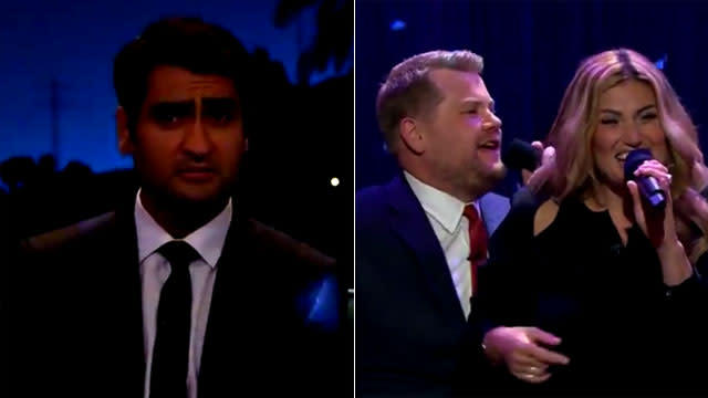 Apparently, not everyone is a fan of the 1987 classic <em>Dirty Dancing. </em> <em> Silicon Valley</em> star Kumail Nanjiani looked quite confused on Thursday's <em>Late Late Show </em>when host James Corden and <em>Frozen'</em>s Idina Menzel broke out into song while seated next to him. <strong> VIDEO: James Corden Convinces Mariah Carey to Sing Along Her Own Songs </strong> Corden and Menzel, both Broadway alums, then took their duet to the stage where they were joined by dancing couples. While the two sang "(I've Had) The Time of My Life," cameras panned to Nanjiani who was seated in the darkness, hilariously not participating at all in the impromptu dance party. When Corden and Menzel returned to the seating area, the actor still didn't looked thrilled. The host asked him if he enjoyed the performance, Menzel patted him on the back but he kept quiet and looked pretty stunned at what had just happened. CBS <strong> VIDEO: Josh Gad and James Corden Perform Amazing <em>Frozen </em>Inspired Monologue </strong> Corden has become a heavy hitter in the late-night realm seemingly <em>over night</em>. Here's another reason to watch him on the <em>Late Late Show: </em>