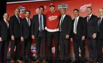 June 23, 2017; Chicago, IL, USA; Michael Rasmussen poses for photos after being selected as the number nine overall pick to the Detroit Red Wings in the first round of the 2017 NHL Draft at the United Center. Mandatory Credit: David Banks-USA TODAY Sports