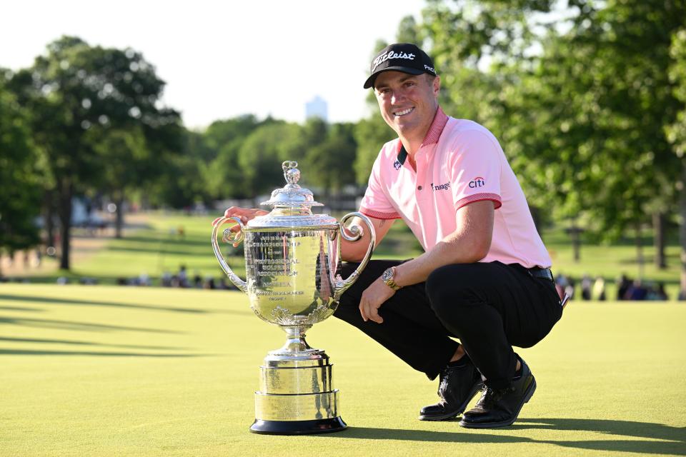 Justin Thomas poses with the Wanamaker Trophy following his PGA Championship victory last year at Southern Hills.