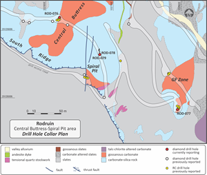 Drill hole collar location plan, showing holes ROD-076 to ROD-079