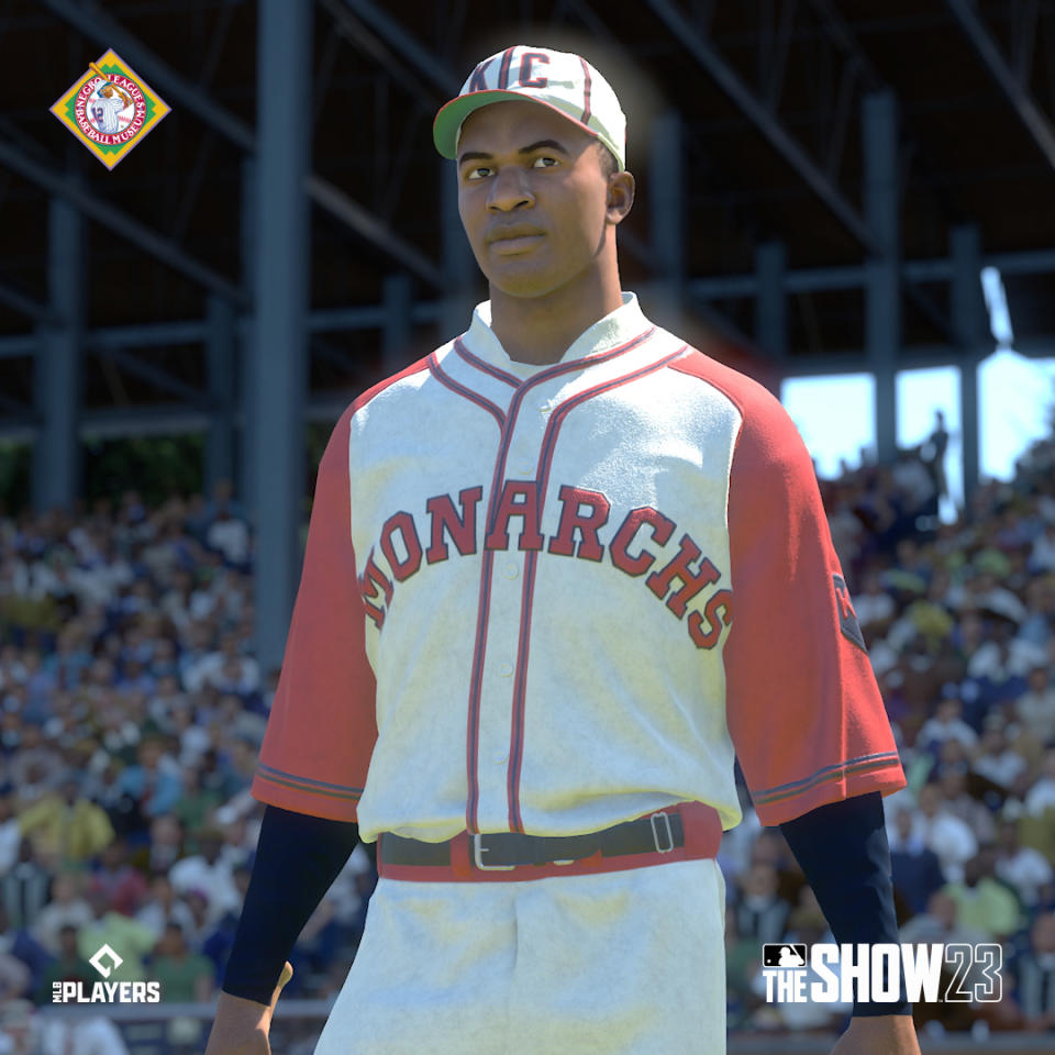 This image released by Sony Interactive Entertainment shows a digital rendering of Jackie Robinson as a member of the Kansas City Monarchs from the game MLB The Show 23. The franchise has inserted some of the greatest Negro League players into the 2023 edition of the game as playable characters. (Sony Interactive Entertainment via AP)