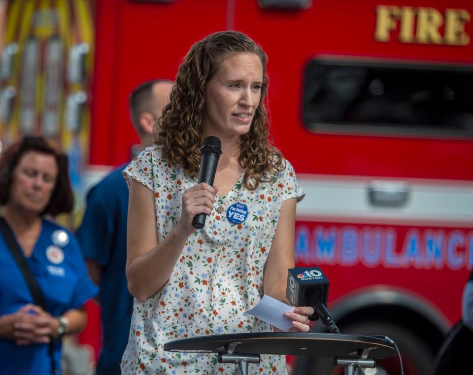 Kelley Cutler, a medical surgical floor nurse at Framingham Union Hospital, speaks during a press conference in September, before nurses filed a petition with the National Labor Relations Board requesting a vote to unionize. Framingham nurses voted Wednesday to join the Massachusetts Nurses Association, the largest nurses union in the state.