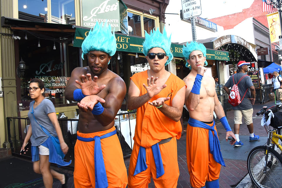 <p>Cosplayers dressed as <em>Dragon Ball Z</em>‘s Goku at Comic-Con International on July 19, 2018, in San Diego. (Photo: Araya Diaz/Getty Images) </p>