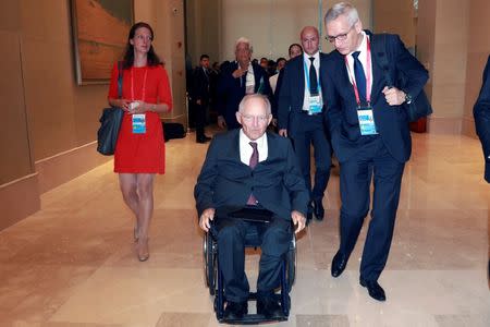 Wolfgang Schauble, Germany's Federal Minister of Finance arrive for the High-level Tax Symposium held in Chengdu in Southwestern China's Sichuan province, July 23, 2016. REUTERS/Ng Han Guan/Pool