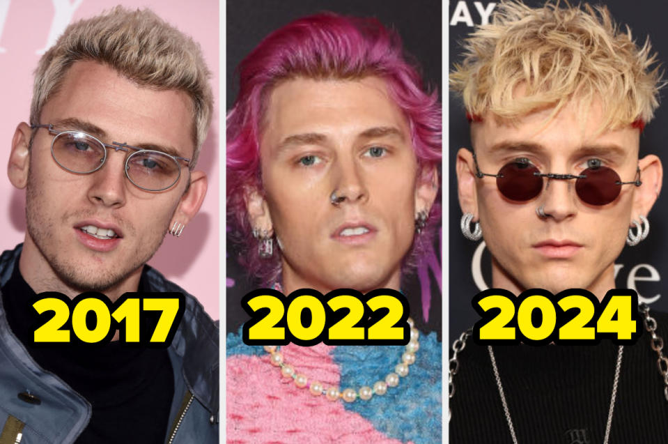 Three side-by-side photos of the same person with different hairstyles and fashion styles labeled with the years 2017, 2022, and 2024