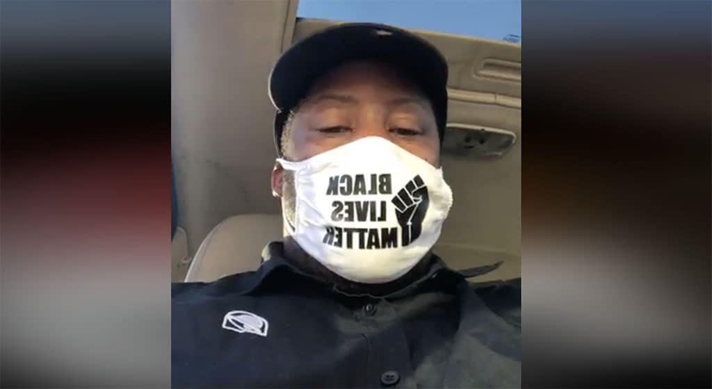 Ohio Taco Bell worker Denzel Skinner says he was fired for refusing to remove his Black Lives Matter mask. (Screenshot: Facebook/Denzel Skinner) 