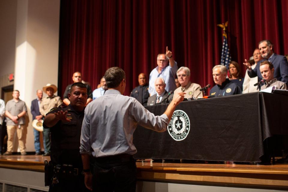 Democrat Beto O’Rourke, who is running against Abbott for governor this year, interrupts a news conference headed by Texas Gov. Greg Abbott in Uvalde, Texas Wednesday, May 25, 2022. (AP Photo/Dario Lopez-Mills) (Copyright 2022 The Associated Press. All rights reserved)