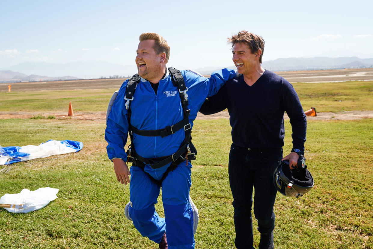 LOS ANGELES - JULY 26: Tom Cruise skydives with James Corden at Skydive Perris on The Late Late Show with James Corden. (Photo by Terence Patrick/CBS via Getty Images) 