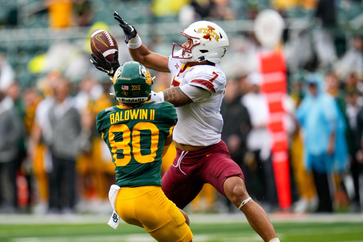 It is still not clear is Iowa State defensive back Malik Verdon (7), seen here making an interception against Baylor in October, will play in Friday's Liberty Bowl against Memphis. Verdon has been dealing with an injury.