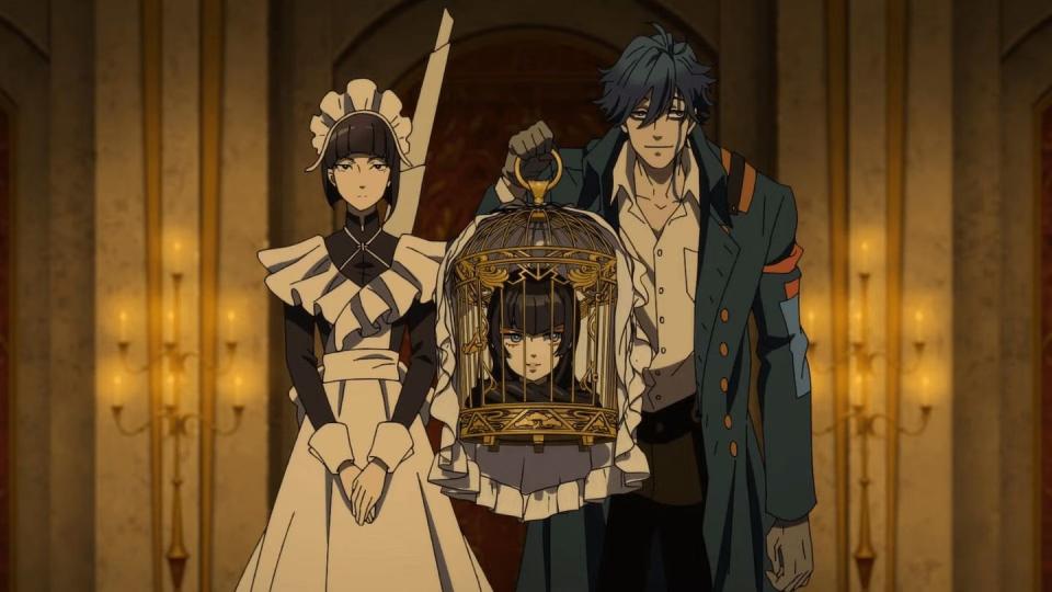 a scene from the undead murder farce anime series where three main character stand in a line with aya head in a cage