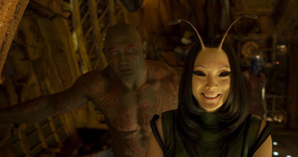 Dave Bautista and Pom Klementieff as Drax and Mantis in GOTG Vol. 2 (Disney)