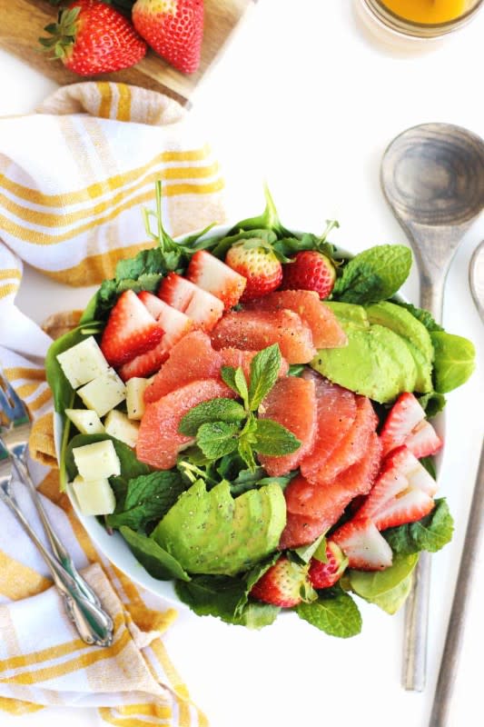 <p>Rhubarbarians</p><p>Amazing avocado grapefruit salad with strawberry, manchego and mint! This vegetarian spring salad recipe is perfect as a light main dish.</p><p><strong>Get the Recipe: </strong><a href="https://www.rhubarbarians.com/avocado-grapefruit-salad-strawberry/" rel="nofollow noopener" target="_blank" data-ylk="slk:Simple Avocado Grapefruit Salad with Strawberries and Mint;elm:context_link;itc:0;sec:content-canvas" class="link "><strong>Simple Avocado Grapefruit Salad with Strawberries and Mint</strong></a></p>
