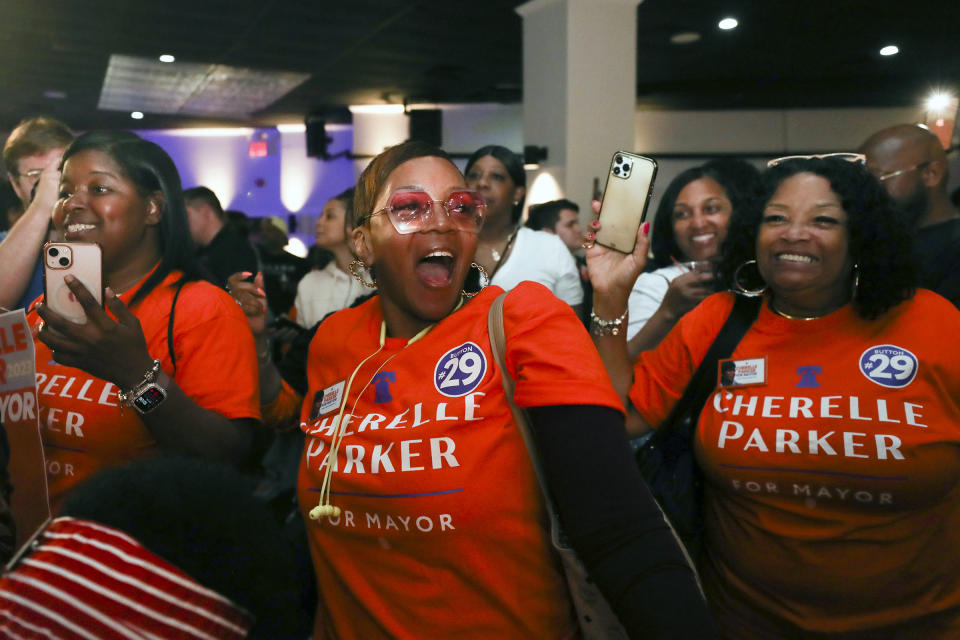 Supporters of Democratic candidate for mayor Cherelle Parker dance as early results come in at Parker's watch party at Laborers 332 in Philadelphia on Tuesday, May 16, 2023. (Heather Khalifa/The Philadelphia Inquirer via AP)