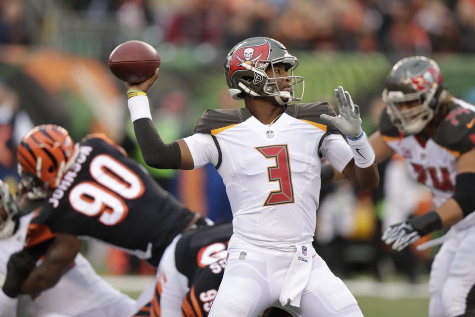 Tampa Bay Buccaneers quarterback Jameis Winston threw four interceptions, further clouding his future with the team. (AP)