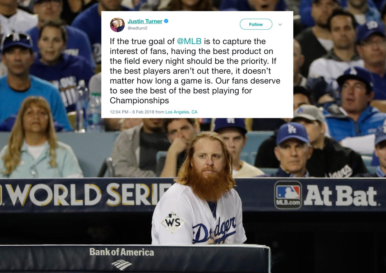 Justin Turner and other MLB players started tweeting Tuesday about the frozen free-agent market, as the league’s labor way took another turn. (AP)