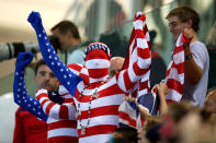 United States fans cheer on their swimmers on Day 4 of the London 2012 Olympic Games at the Aquatics Centre on July 31, 2012 in London, England. (Photo by Clive Rose/Getty Images)