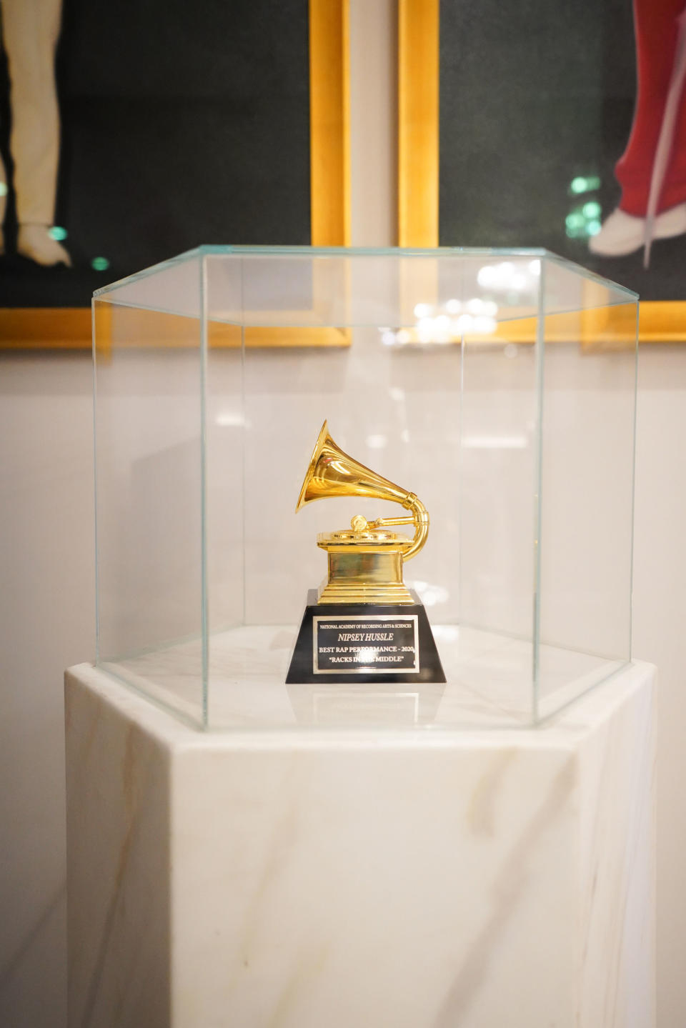 Nipsey Hussle’s Grammy for “Best Rap Performance” for “Racks In The Middle” inside The Marathon Collective - Credit: Edgar Medina & Hugo Aguilar/TMC