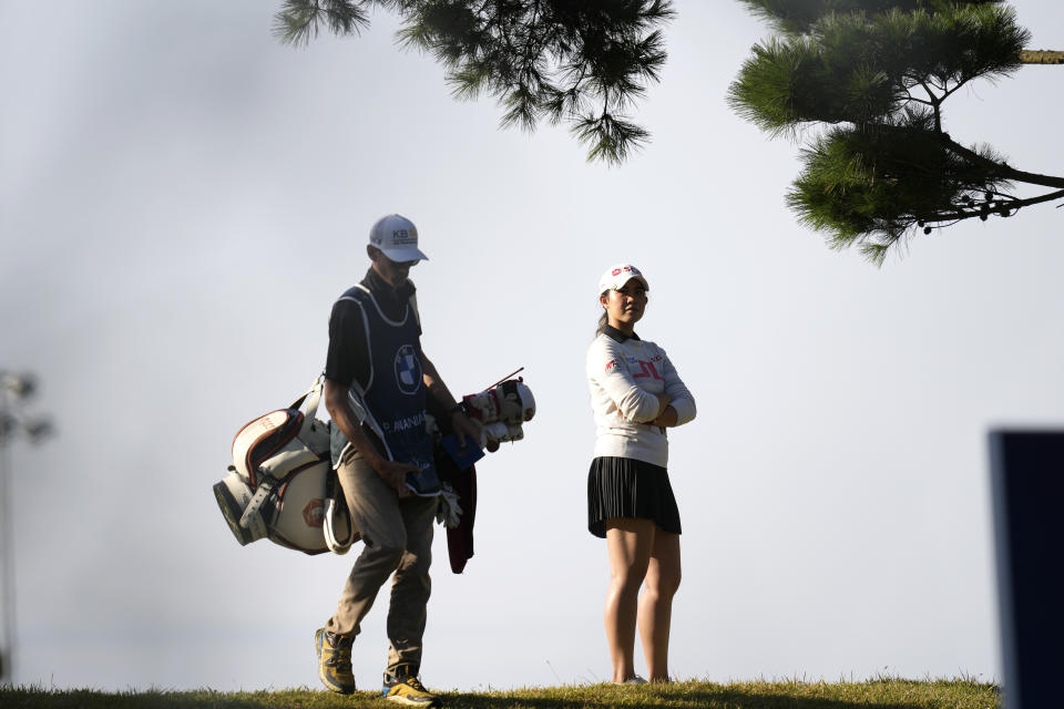 Pajaree Anannarukarn of Thailand looks toward the fairway of the second hole during the final round of the BMW Ladies Championship at LPGA International Busan in Busan, South Korea, Sunday, Oct. 24, 2021. (AP Photo/Lee Jin-man)