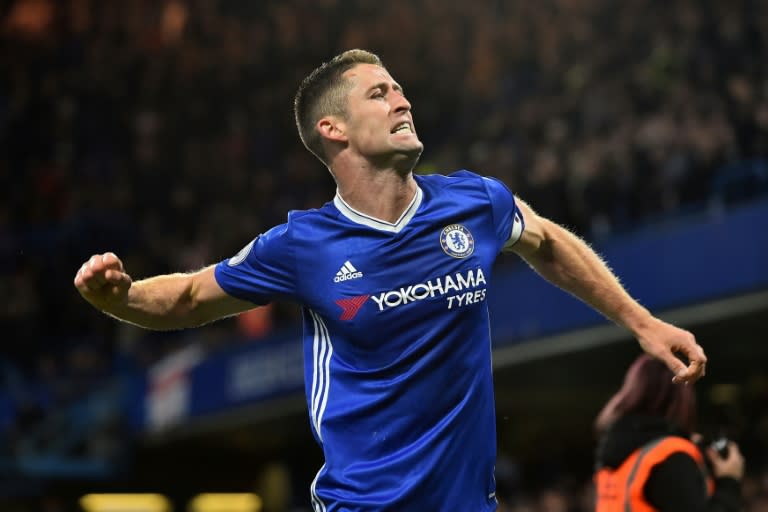 Chelsea's defender Gary Cahill celebrates after scoring their second goal during the English Premier League football match against Southampton April 25, 2017