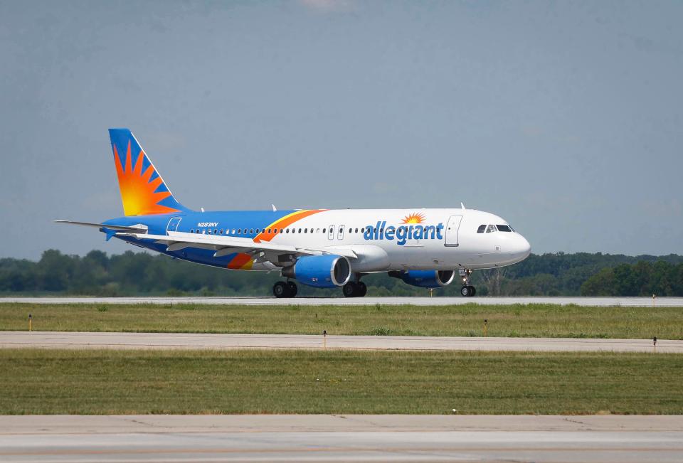 An Allegiant Air flight 2993 arrives in Des Moines from Houston on Thursday, July 1, 2021, at the Des Moines International Airport. The airline company celebrated the announcement that Des Moines became the latest base, and the first since the COVID-19 pandemic.