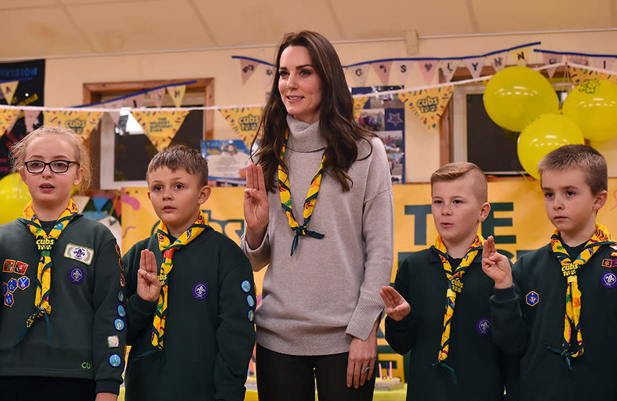 Her children are breaking up for the Easter holidays this week, but Kate spent Thursday bonding with other adorable kids as she visited the Scouts' headquarters at Gilwell Park in Essex. Dressed in casualwear for her laidback engagement, Kate arrived to whoops and cheers from the young Scouts. The Duchess was learning about the organisation's new pilot to bring Scouting to younger children, while also celebrating the site's 100th anniversary year.Kate, who has carried out engagements with the Scouts before, joined the youngsters in various activities to help them improve skills like communication and teamwork. Boat building and balloon rocket assembling were just some of the workshops that Kate, 37, got stuck into. Let's take a look at the best photos from the royal's day out…