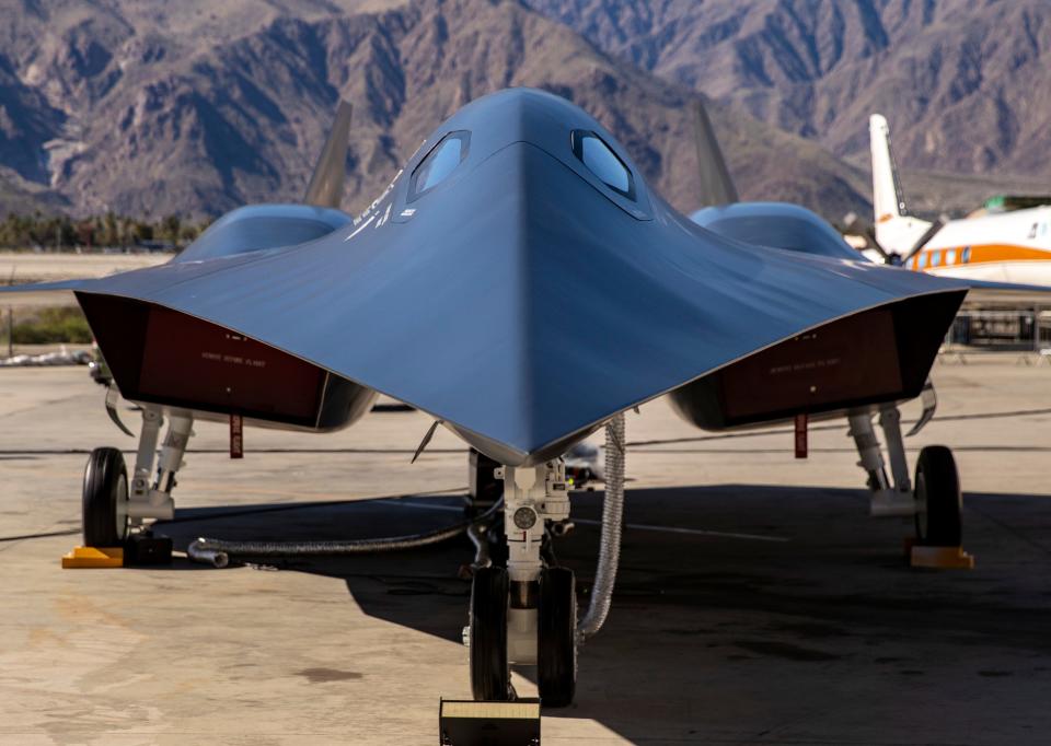 The "Darkstar," a fictitious hypersonic "plane" featured in the 2022 blockbuster "Top Gun: Maverick" is seen on display at the Palm Springs Air Museum in Palm Springs, Calif., Saturday, Feb. 10, 2024. The "plane" is a prop used in the movie but is still seen just the way Captain Pete Mitchell or "Maverick" had it.