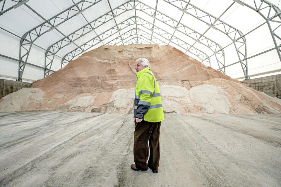 Transportation Director Peter Alviti Jr. in a state road-salt warehouse in East Providence in January.