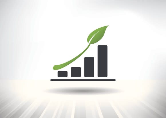 A cartoon bar chart showing gains with a plant growing over it.