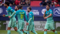 Football Soccer - Osasuna v Barcelona - Spanish La Liga Santander - El Sadar, Pamplona, Spain - 10/12/2016 Barcelona's Luis Suarez celebrates a goal. REUTERS/Vincent West