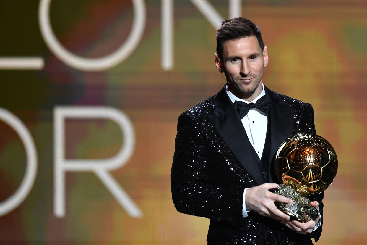 PARIS, FRANCE - NOVEMBER 29: Lionel Messi is awarded with his seventh Ballon D'Or award during the Ballon D'Or Ceremony at Theatre du Chatelet on November 29, 2021 in Paris, France. (Photo by Aurelien Meunier/Getty Images)